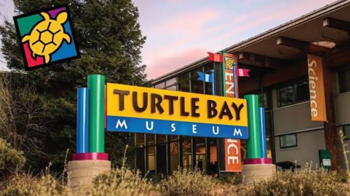 Turtle Bay Museum entrance sign with colorful turtle logo and building at sunset