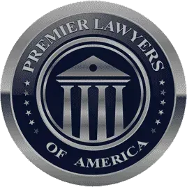 Premier Lawyers of America logo: silver and blue badge with courthouse image.