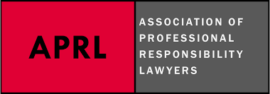 Logo for the Association of Professional Responsibility Lawyers (APRL) in black and white on a red and gray background.