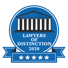 Lawyers of Distinction 2020 badge: blue and white, features a courthouse silhouette, banner, and five stars.