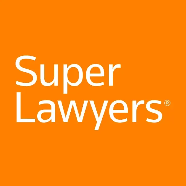 Super Lawyers 2025 badge: gray square with white text and orange crescent. 