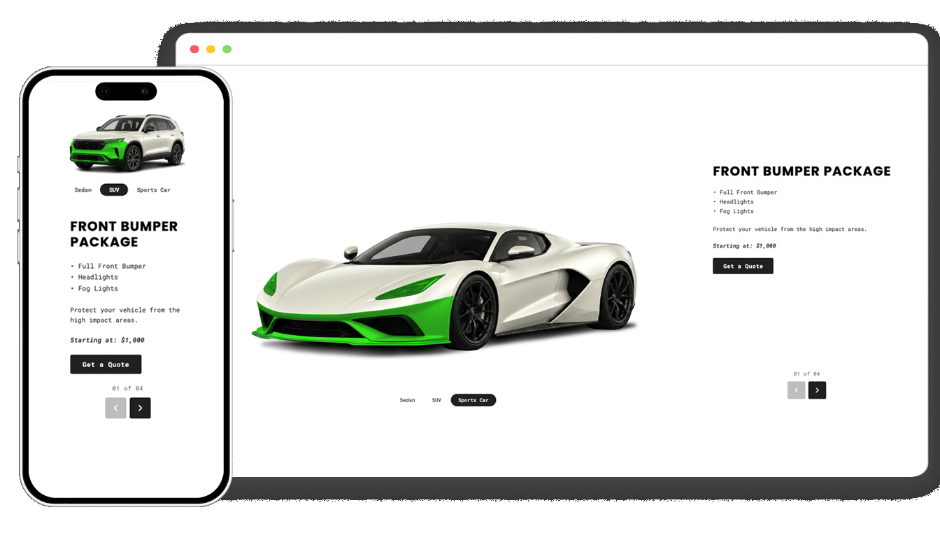 Image of a PPF Package widget that allows customers to see what coverage options are available for a car