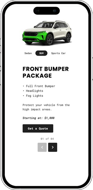 Image of a PPF Package widget that allows customers to see what coverage options are available for a car