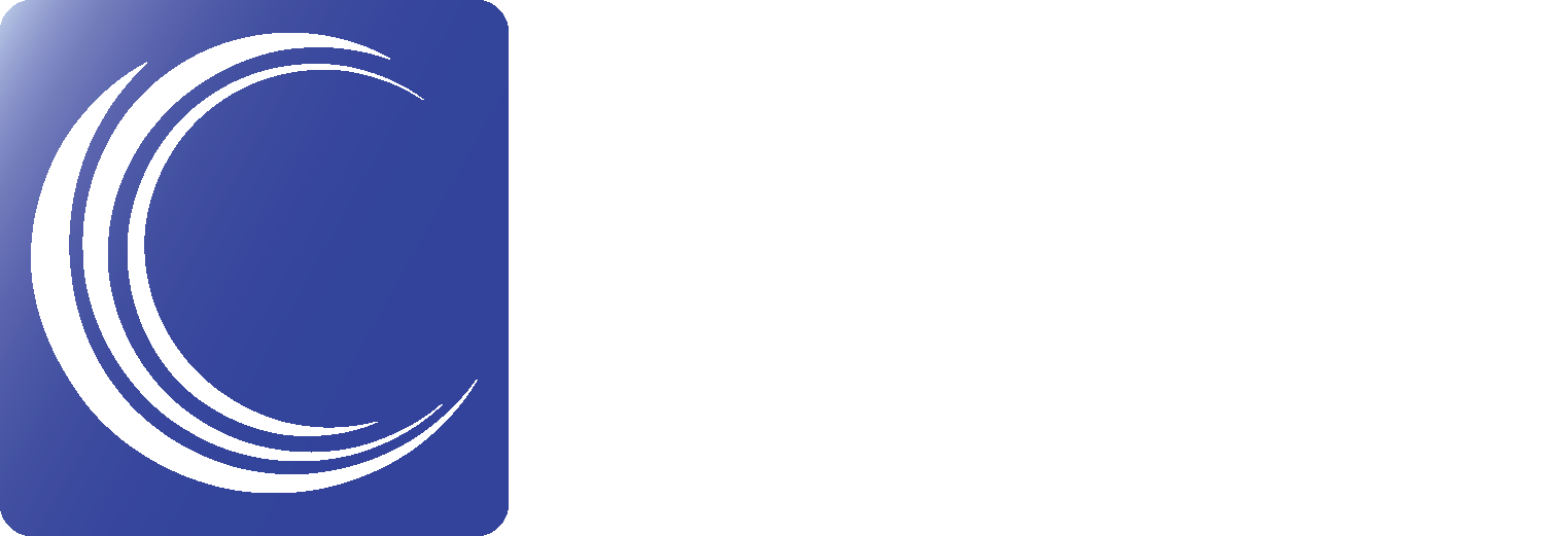 A blue and white logo with a circle in the middle on a white background.