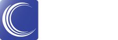 A blue and white logo with a circle in the middle on a white background.