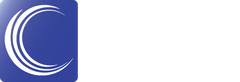 A blue and white logo with a circle in the middle on a white background.