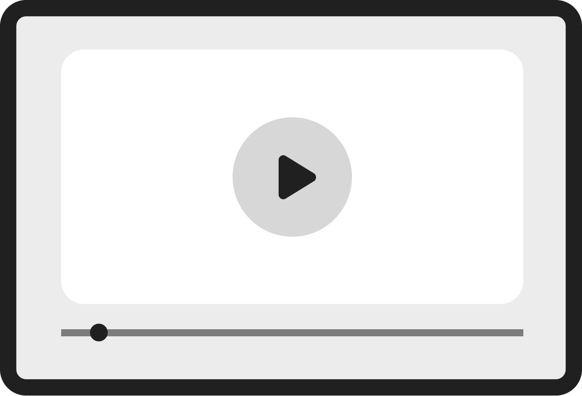 A black and white illustration of a video player with a play button.