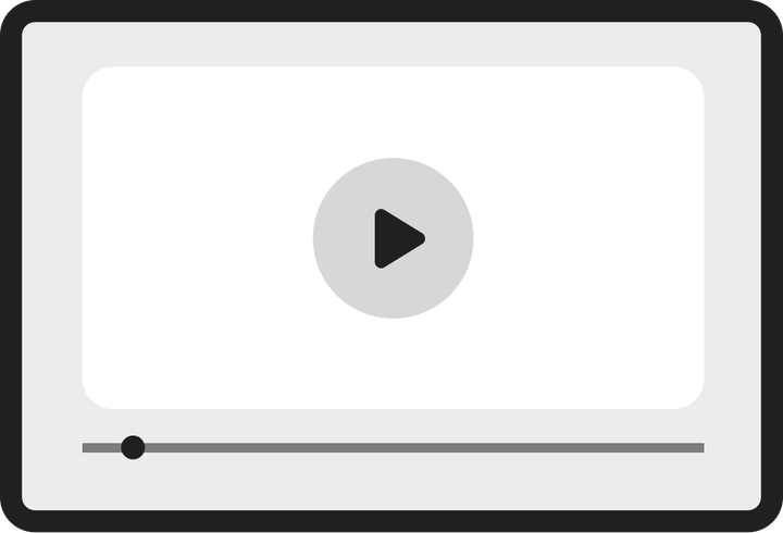 A black and white illustration of a video player with a play button.