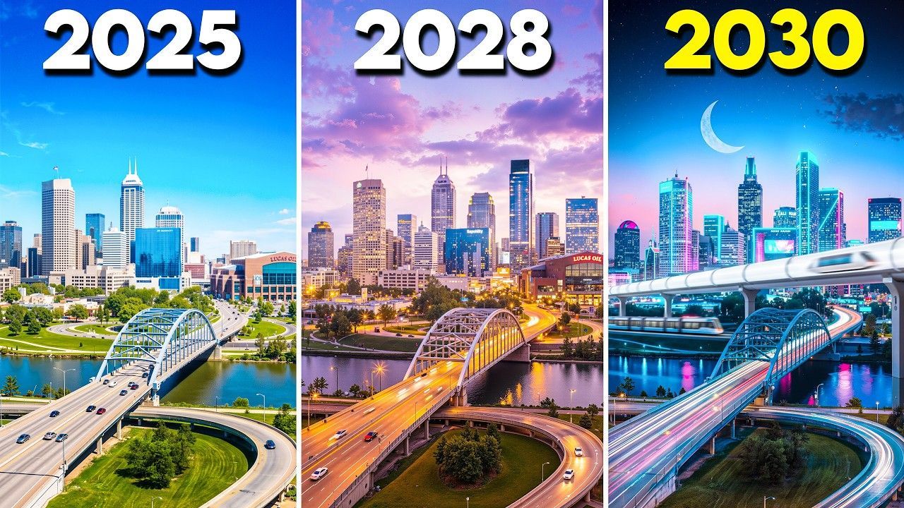 Three side-by-side city skyline illustrations labeled 2025, 2028, and 2030 showing futuristic urban development.