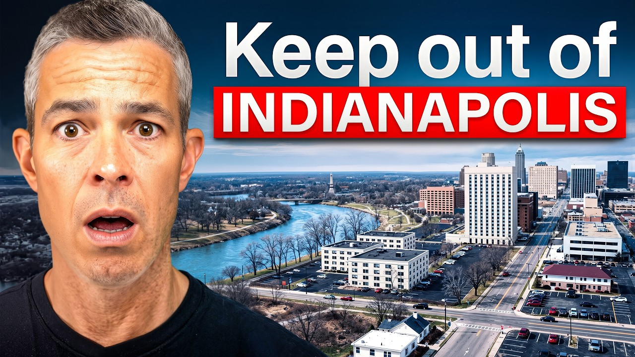 Man with surprised expression beside aerial city view and bold text: “Keep out of Indianapolis”