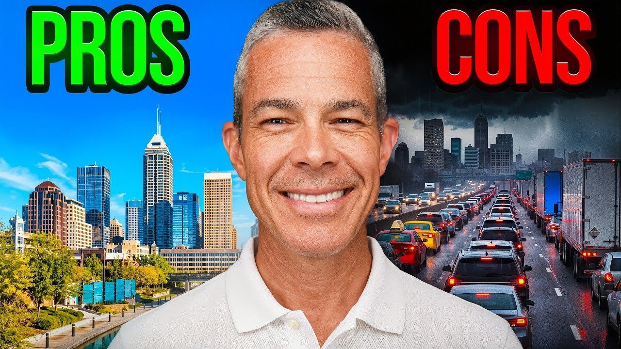 Man centered between “PROS” over a city skyline and “CONS” over traffic congestion