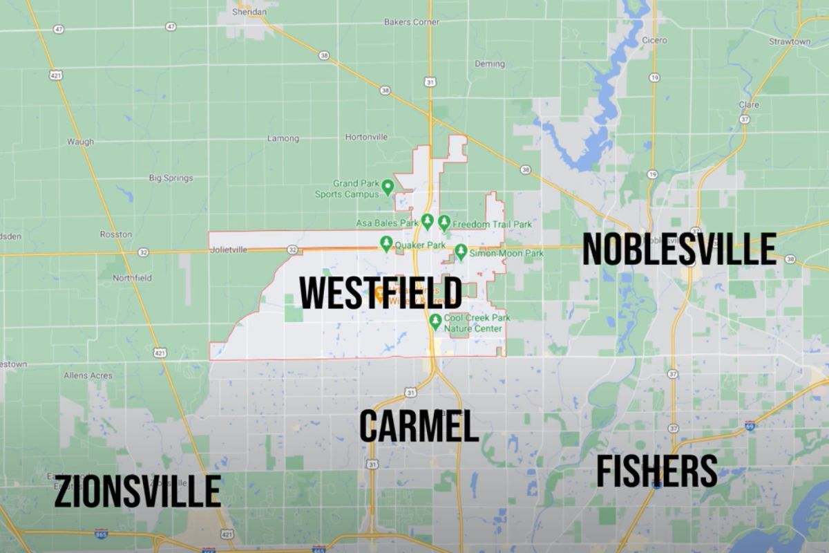 A map of westfield , carmel , zionsville , and fishers.