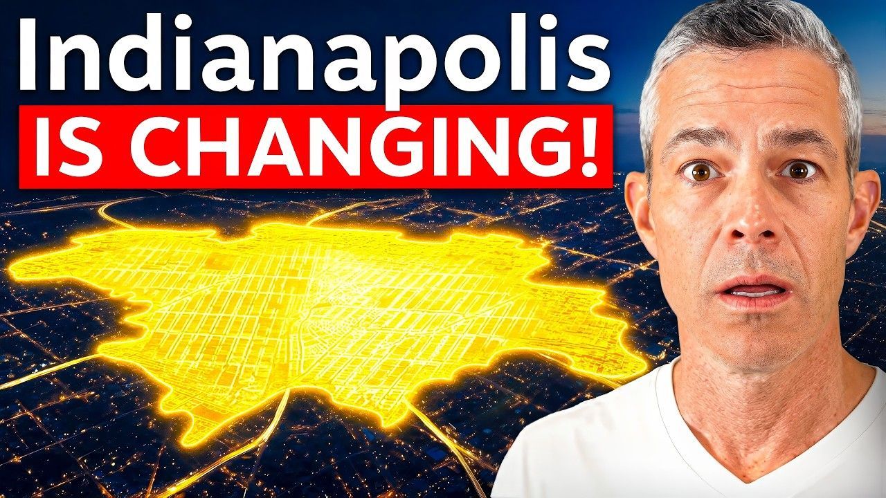 “Indianapolis is changing!” text over glowing city map with a surprised man on the right