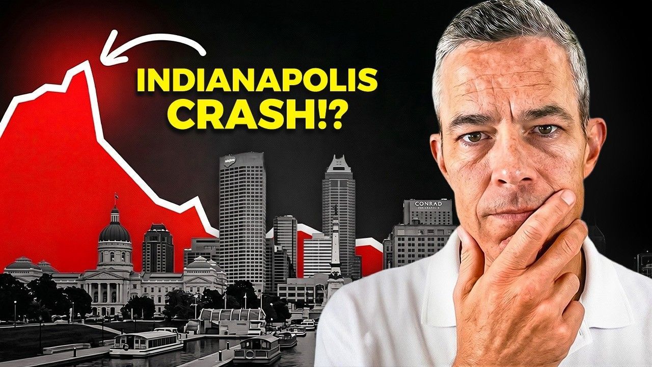 Indianapolis skyline with red Indiana outline and bold “INDIANOPOLIS CRASH!?” text beside a thoughtful man