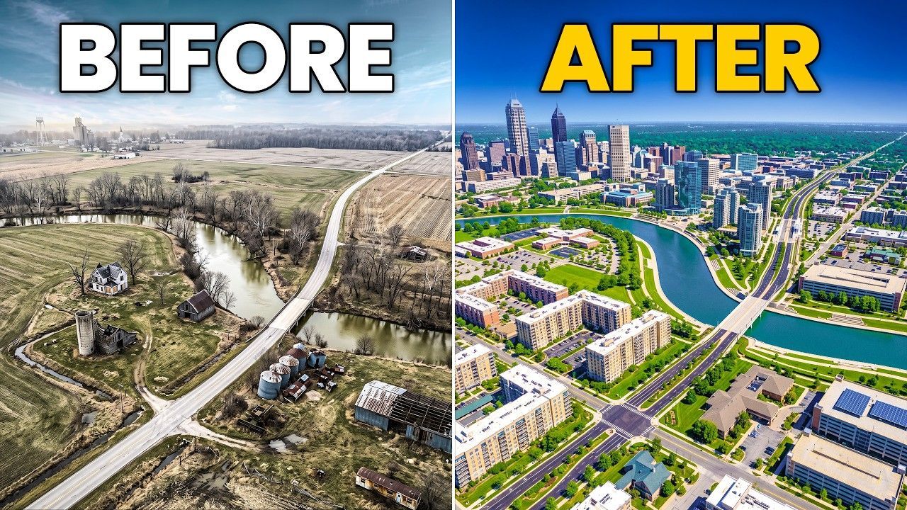 Before-and-after aerial view of a riverfront area transformed from barren land to a vibrant city district.