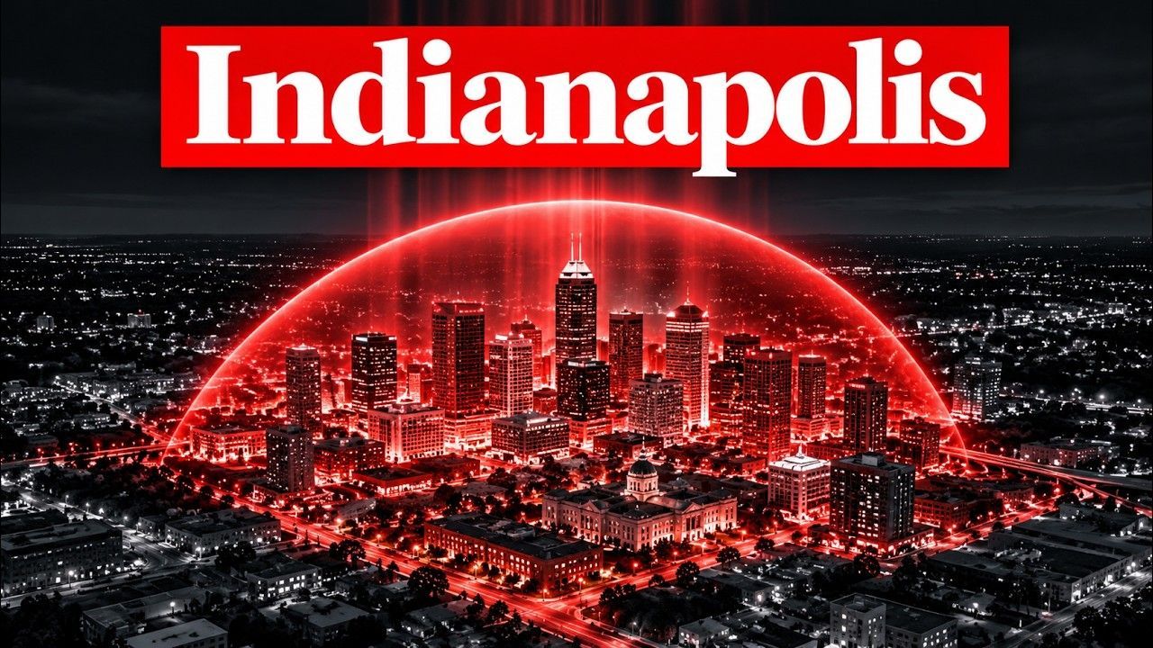 A stylized graphic of Indianapolis skyline with a red overlay and the word 'Indianapolis' prominently displayed.