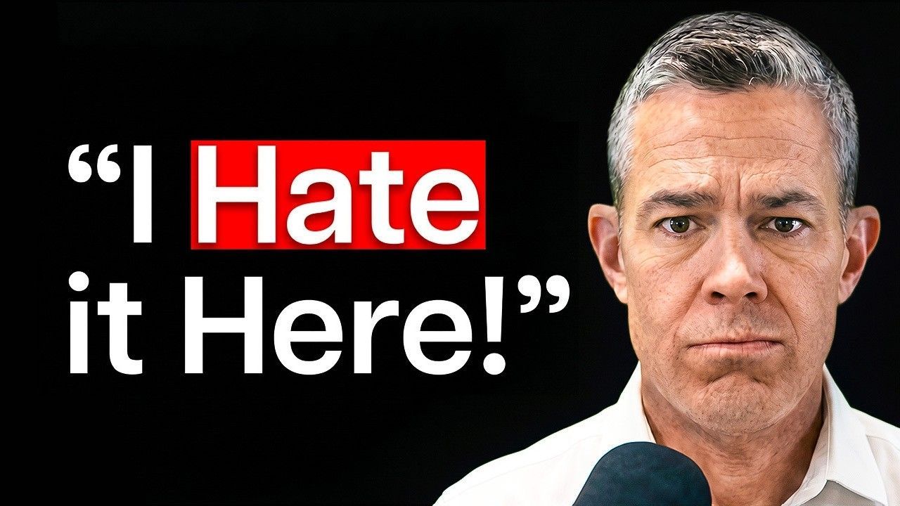 Man with serious expression beside bold red quote: “I Hate it Here!”