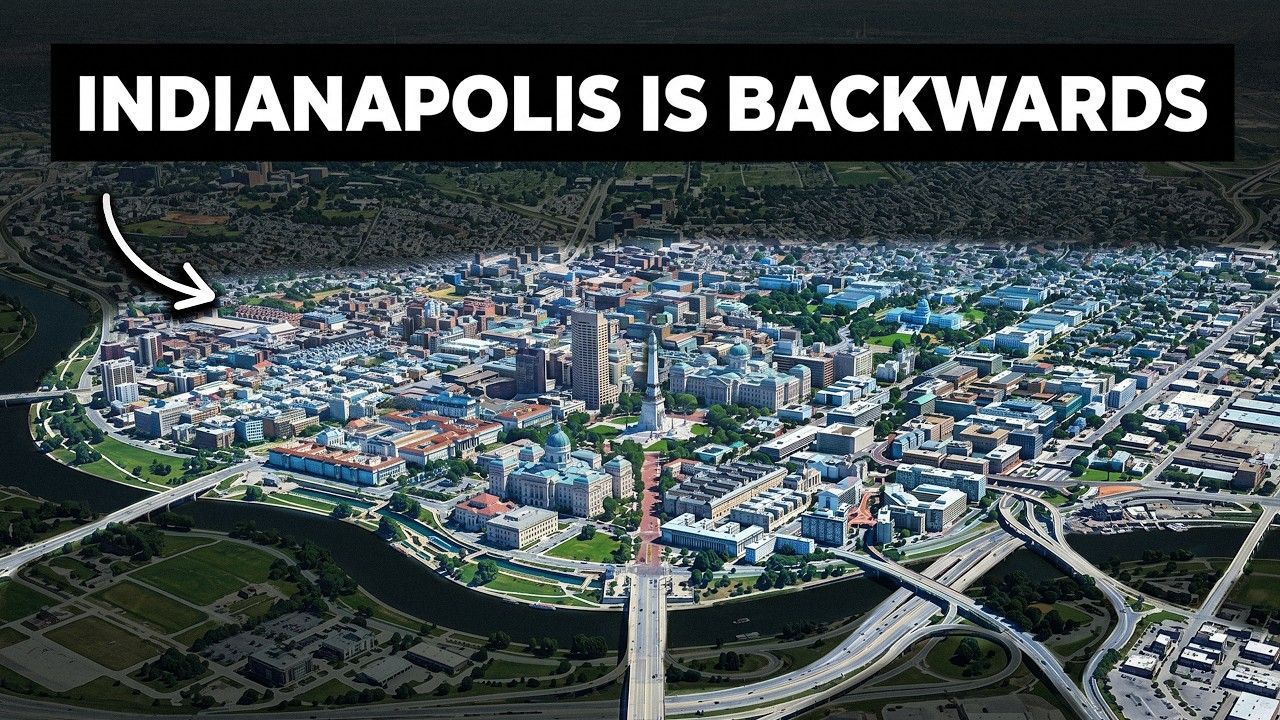 Aerial view of Indianapolis skyline with bold text “INDIANAPOLIS IS BACKWARDS” and an arrow pointing left.