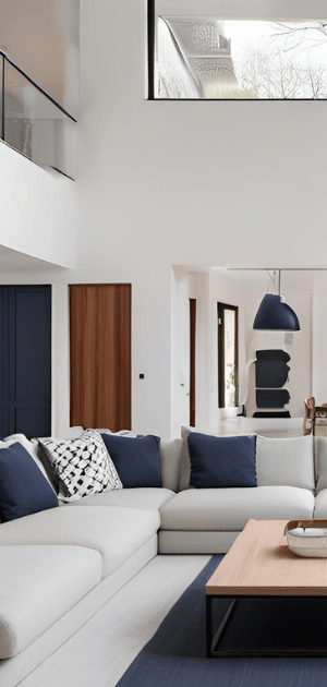 Bright modern living room with white sectional sofa, blue pillows, and dark wood coffee table