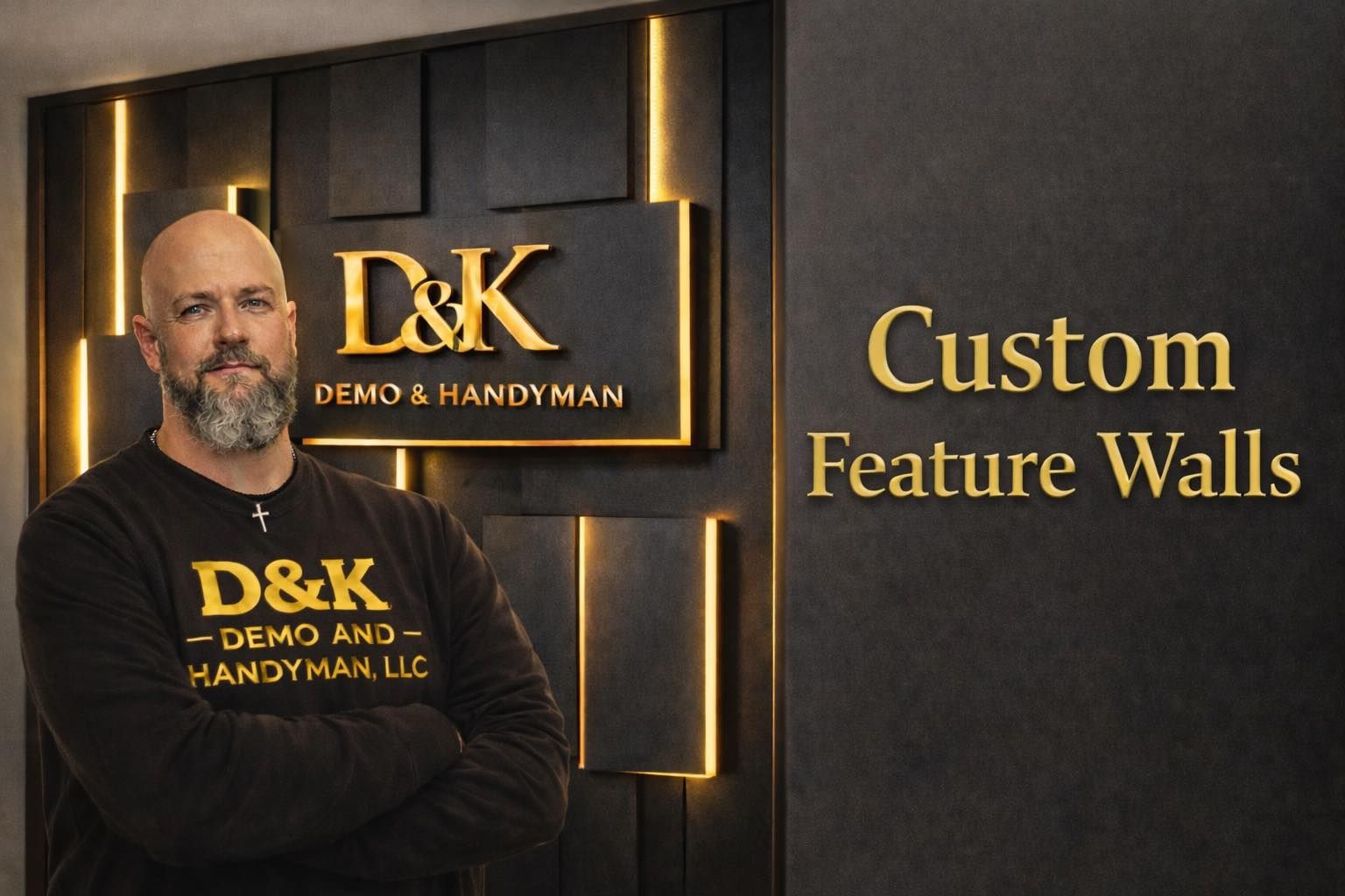Man in front of a dark feature wall with the business logo