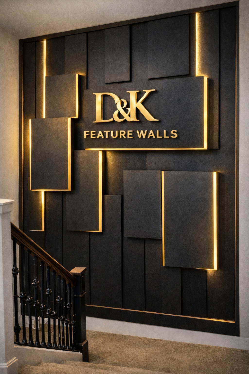 Black accent wall with geometric design, bench, rug, decorative plants, and large window.