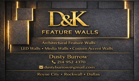Logo for D & K Demo and Handyman, with phone number 214-952-4370. Gold text and graphic on a black background.