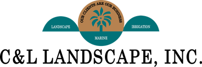 Green palm tree and teal "C&L" text logo. "LANDSCAPE, INC." below, with services listed below.