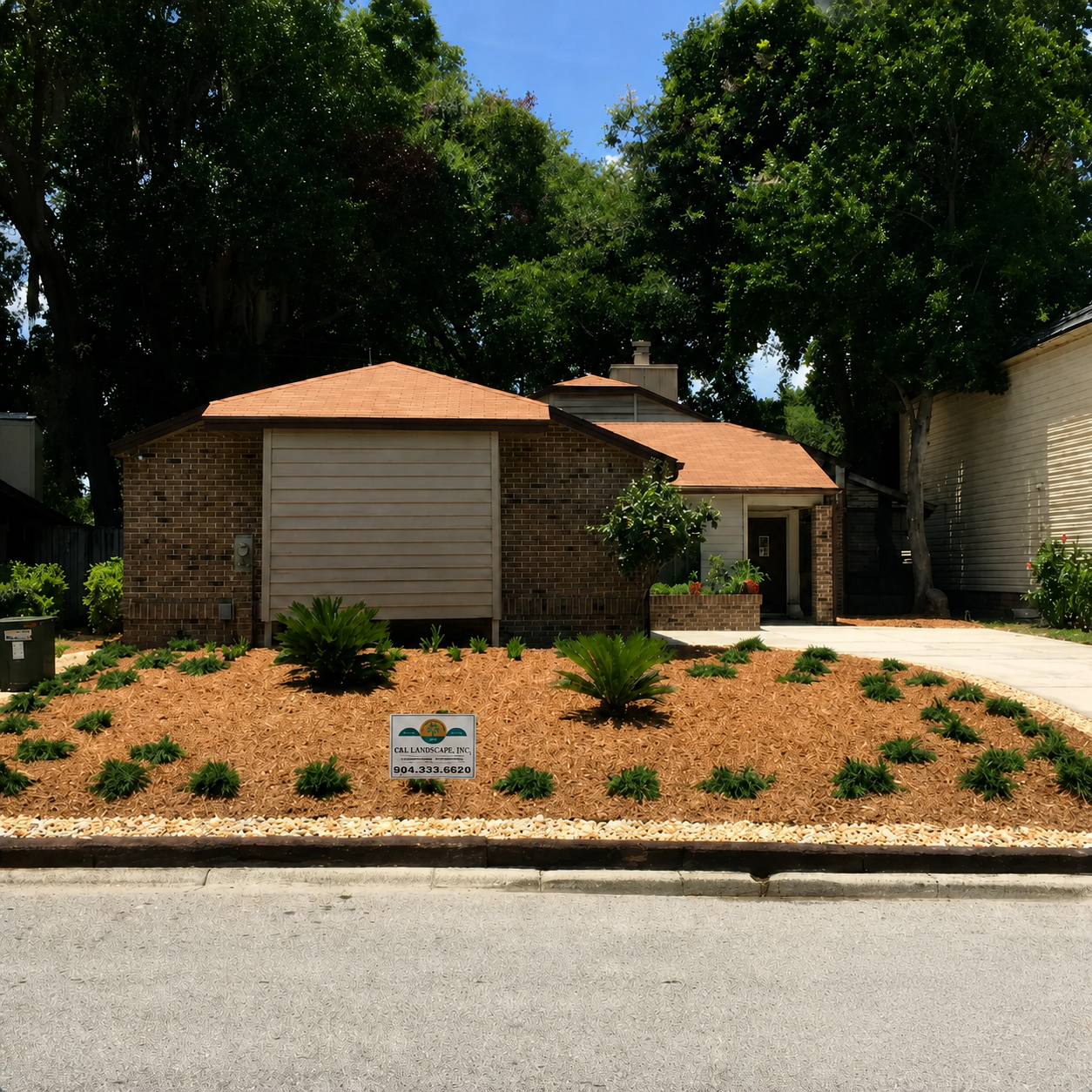 Residential property with landscaping, featuring mulch, shrubs, and small palm trees.
