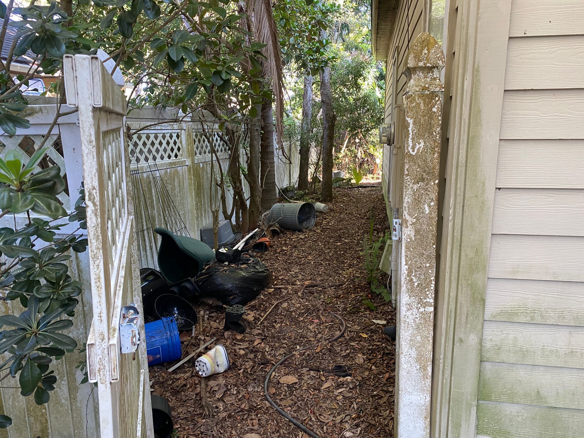 Passageway lined with fences and foliage, littered with debris.