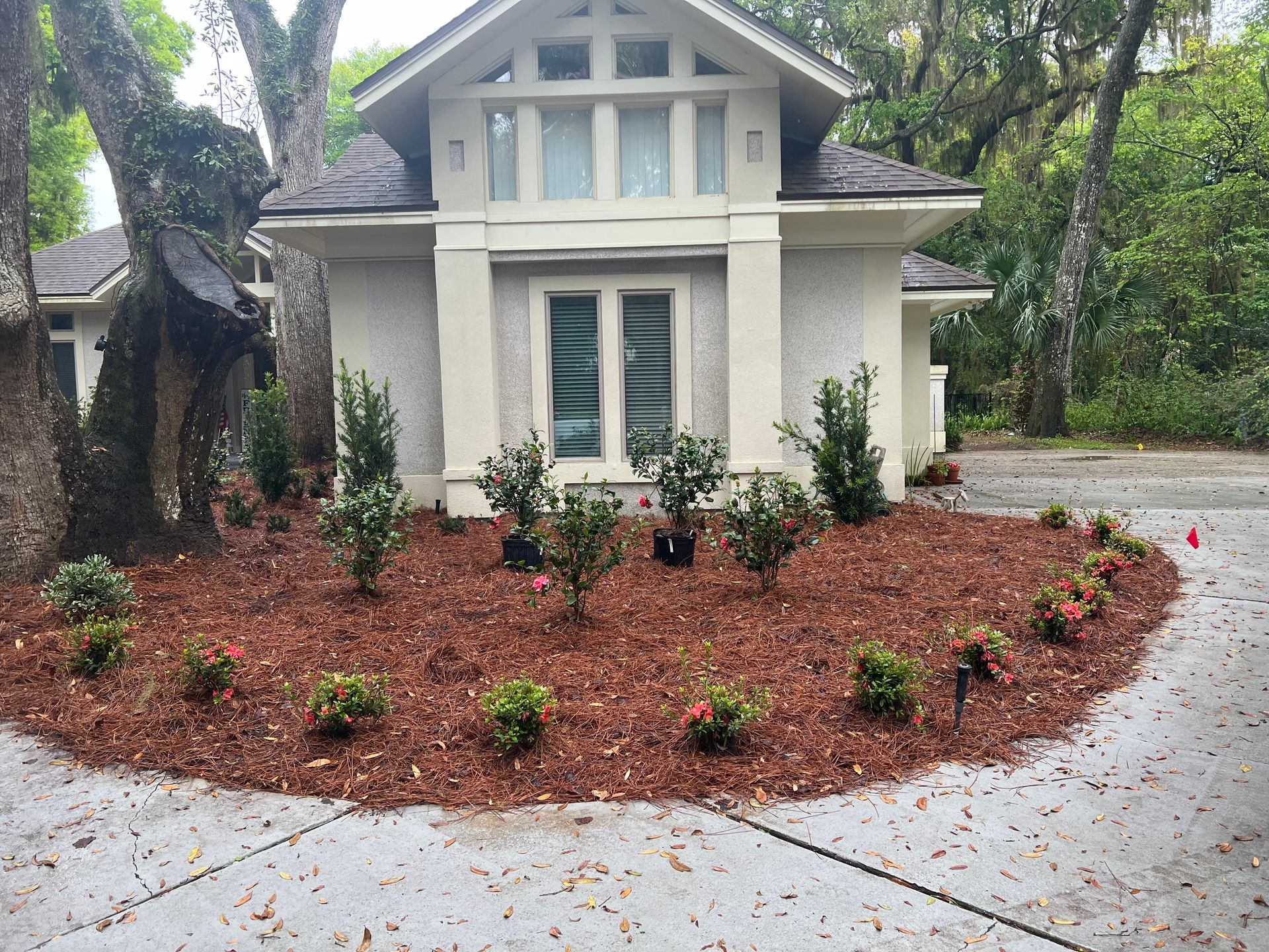 A backyard with a white rock garden bed and trimmed bushes alongside a screened-in porch.