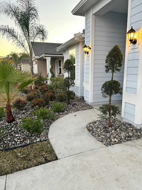 Landscaped walkway to a house with light blue siding and ornamental shrubs.