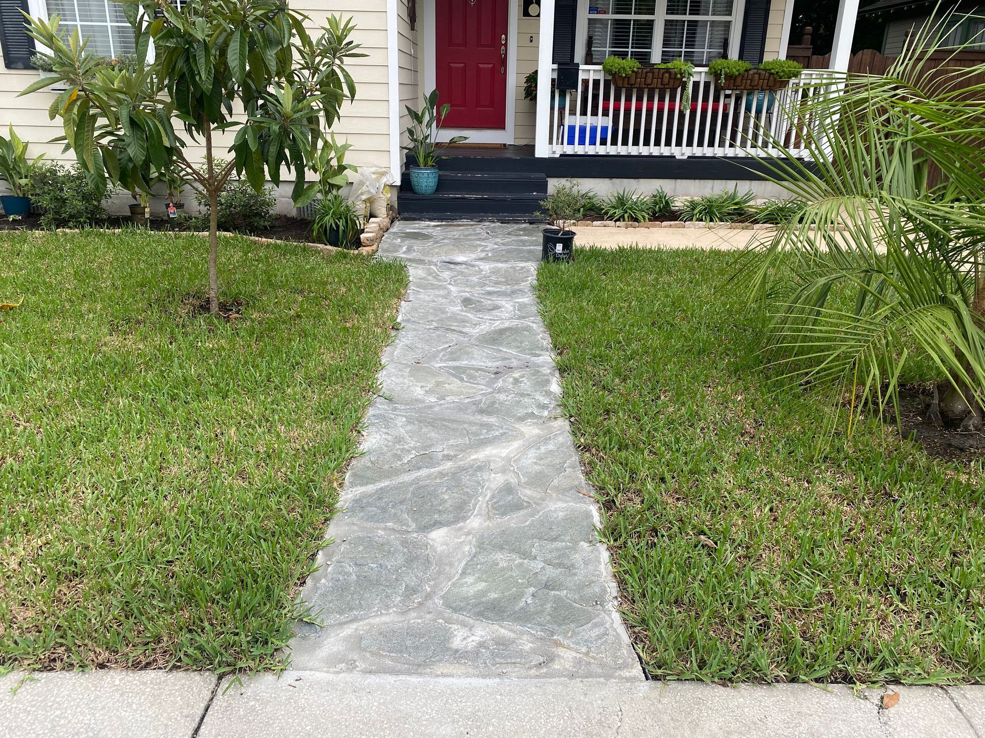 Stone pathway leads to a house with a red door, flanked by green grass and plants.