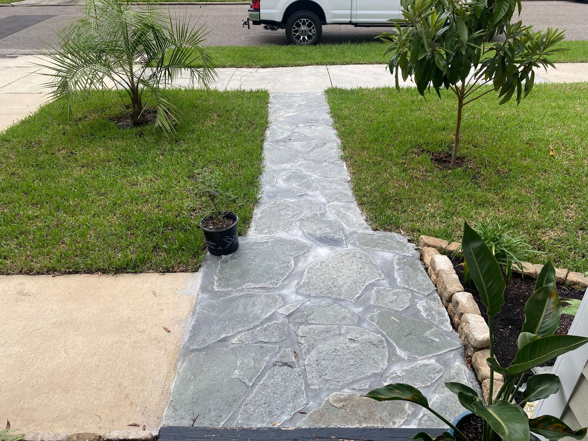 Stone pathway leading to a house, flanked by green grass and small trees.