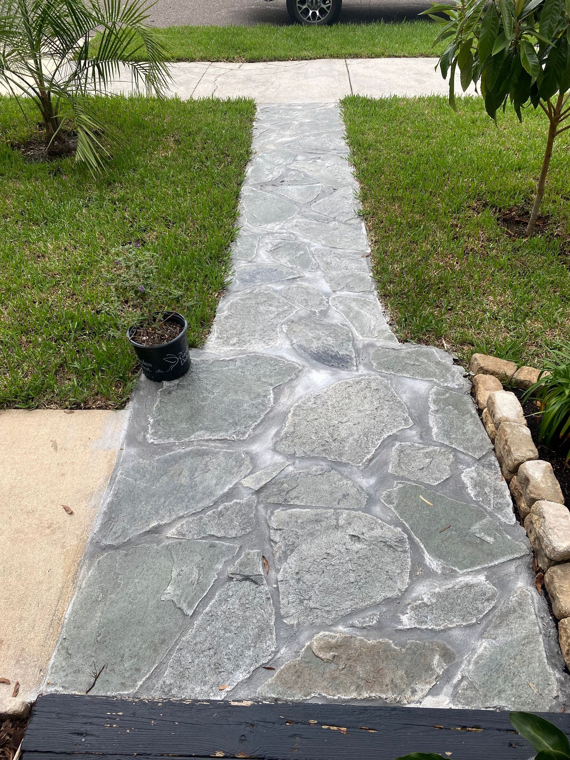 Stone pathway through grass leads to a home's front door.