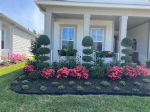 Front yard garden with pink azaleas, topiary shrubs, and a white porch.