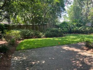 A backyard with a brick patio, green lawn, bushes, and a wooden fence. Trees provide shade.