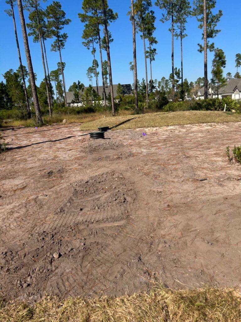 Cleared dirt lot with tire tracks, surrounded by pine trees and houses under a blue sky.