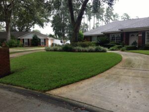 Well-manicured lawn and driveway leading to a brick house with a front garden and a second house in the background.