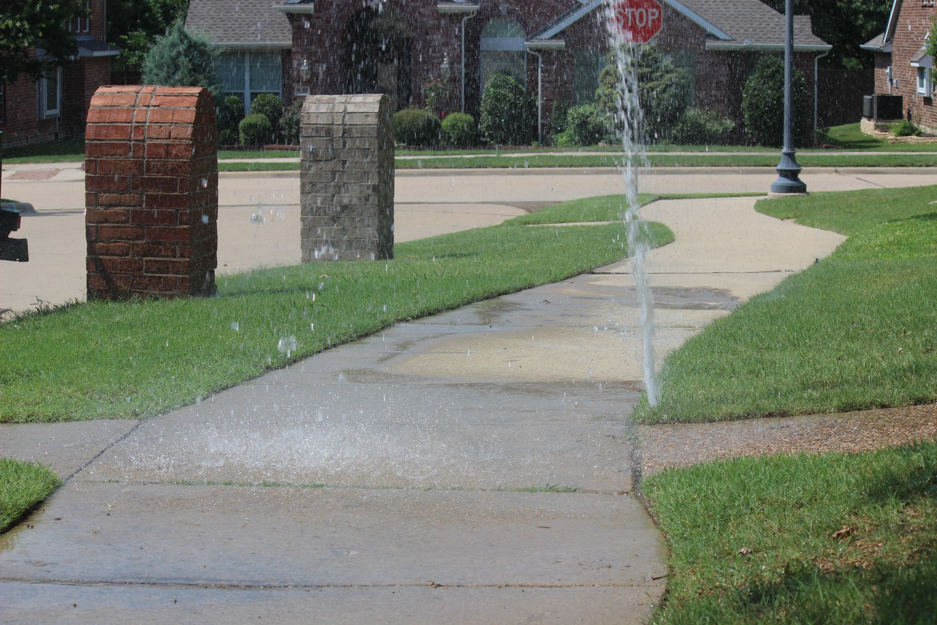 Broken sidewalk with a burst water spray in a suburban neighborhood near brick mailboxes
