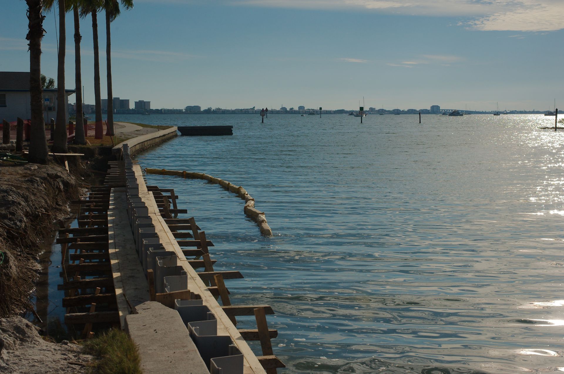 Sunny waterfront with palm trees, a curved seawall, and calm blue water with distant boats.
