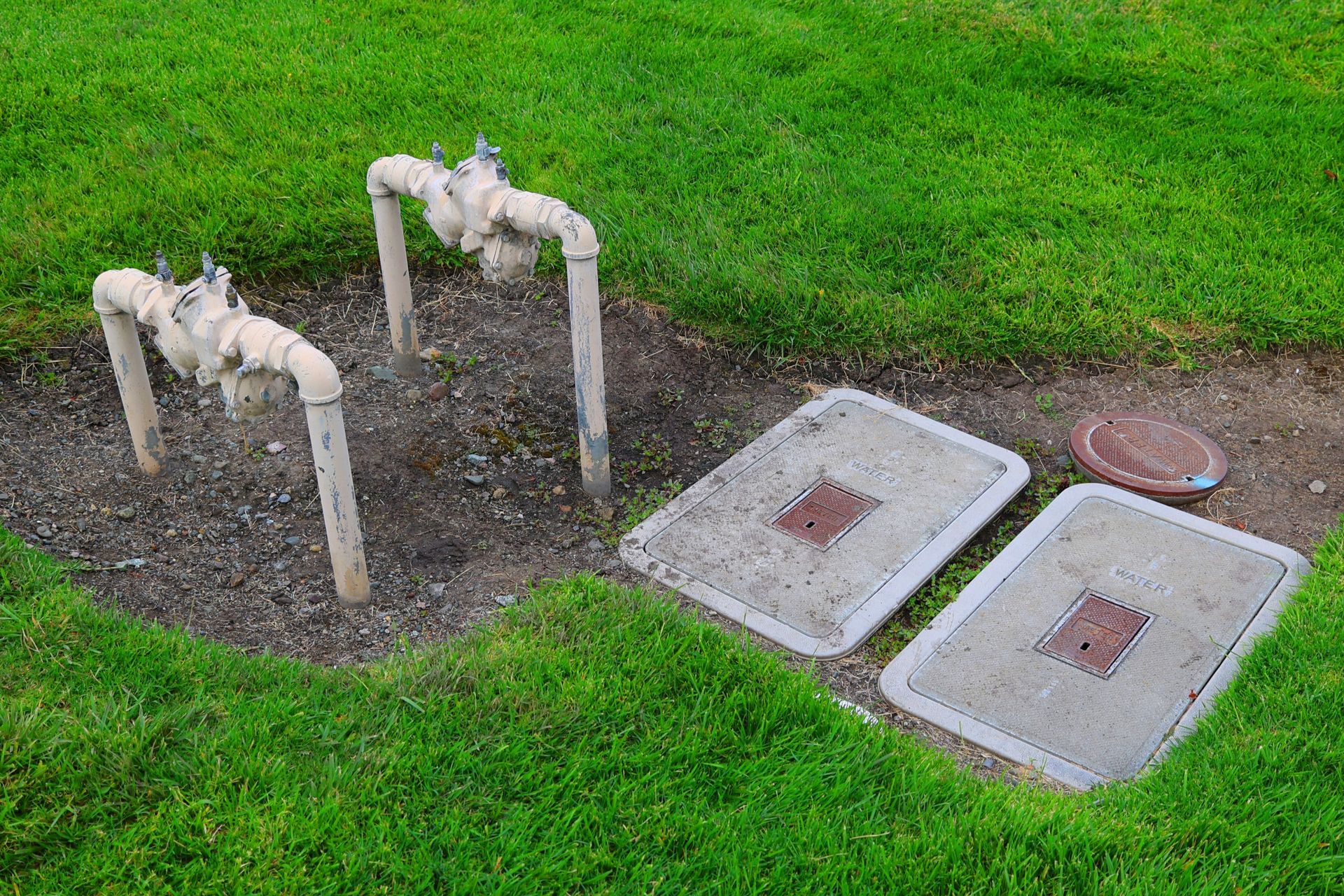 Outdoor utility gas pipes and two concrete utility covers in a grassy area