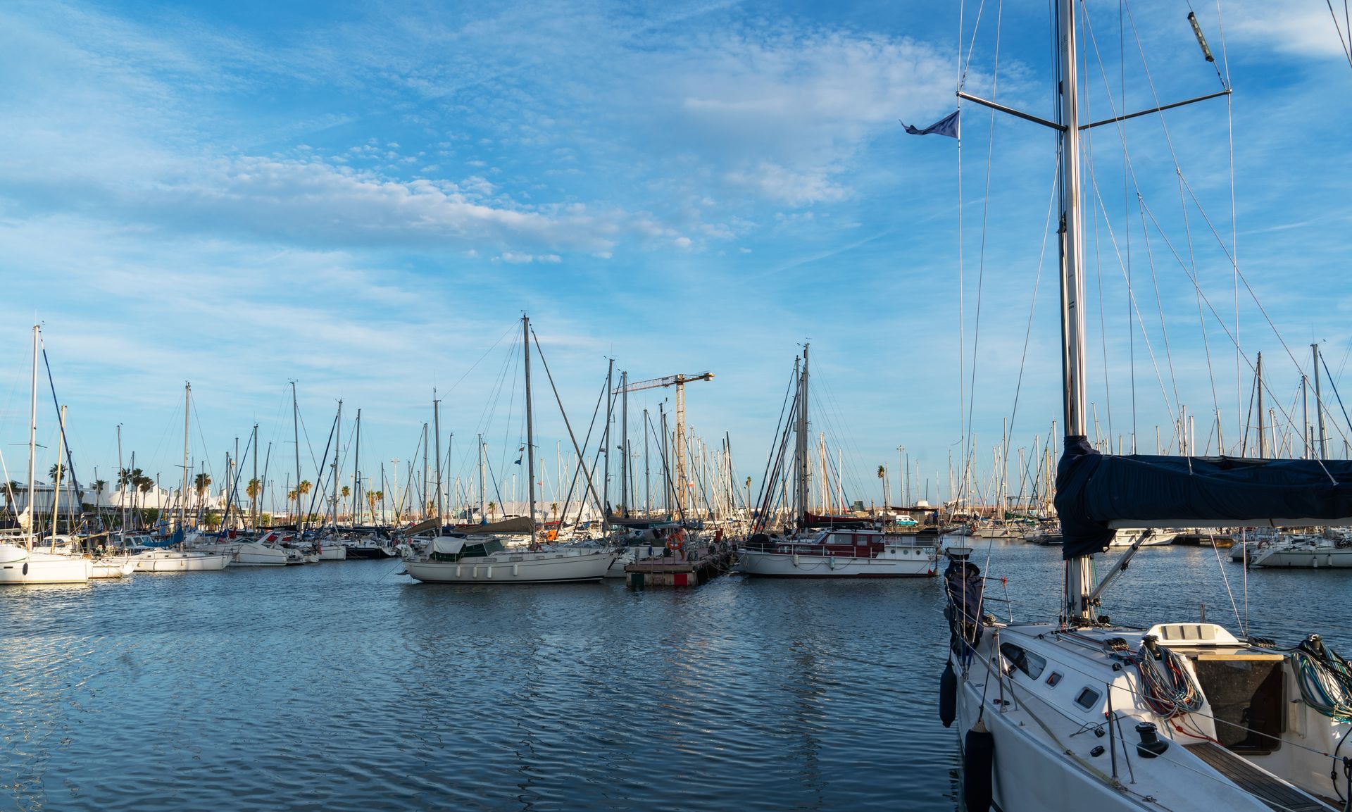 Marina with sailboats and masts on calm blue water under a clear sky