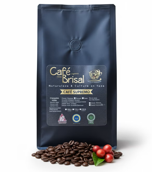 Bolsa de café Café Bristol azul oscuro con granos y bayas rojas sobre fondo blanco.