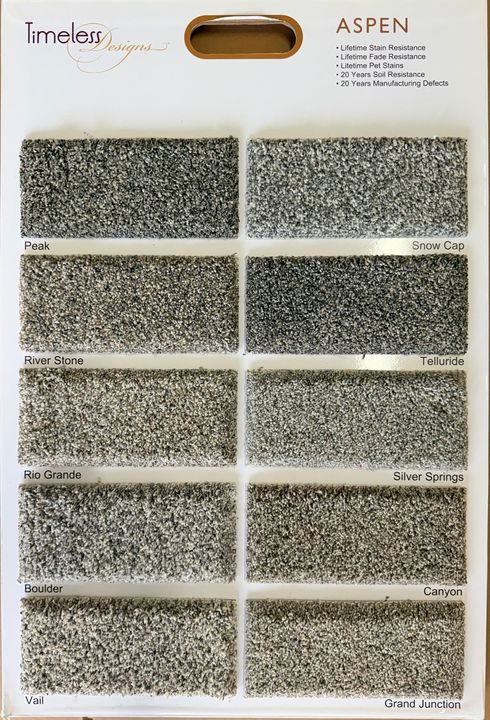 Tile sample board labeled “Aspen” with six gray-speckled rectangular swatches