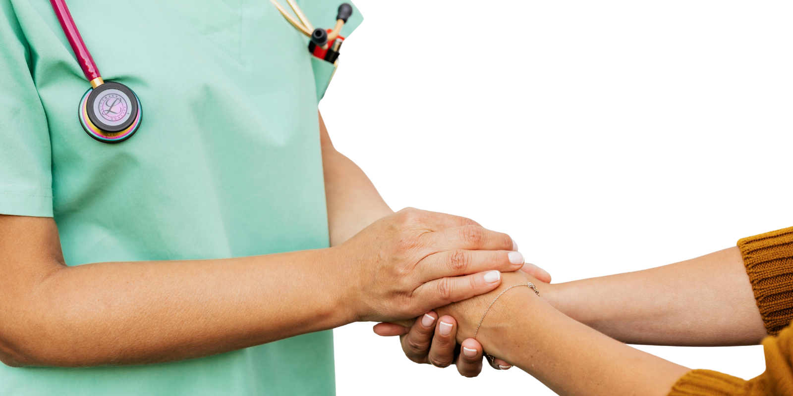 Healthcare worker shaking hands with a patient, wearing a mint green scrub top.