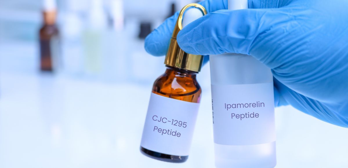 CJC-1295 and Ipamorelin peptide vials on a clinical counter.