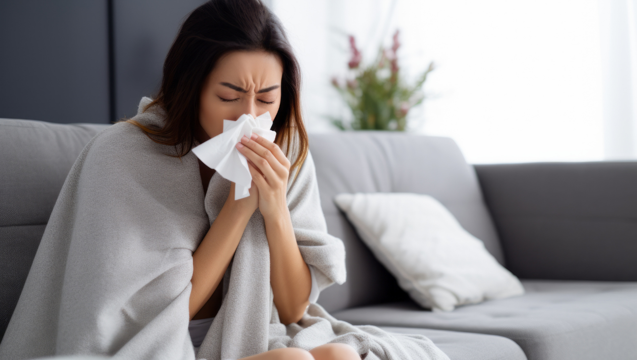 Woman sitting on couch, sneezing into tissue