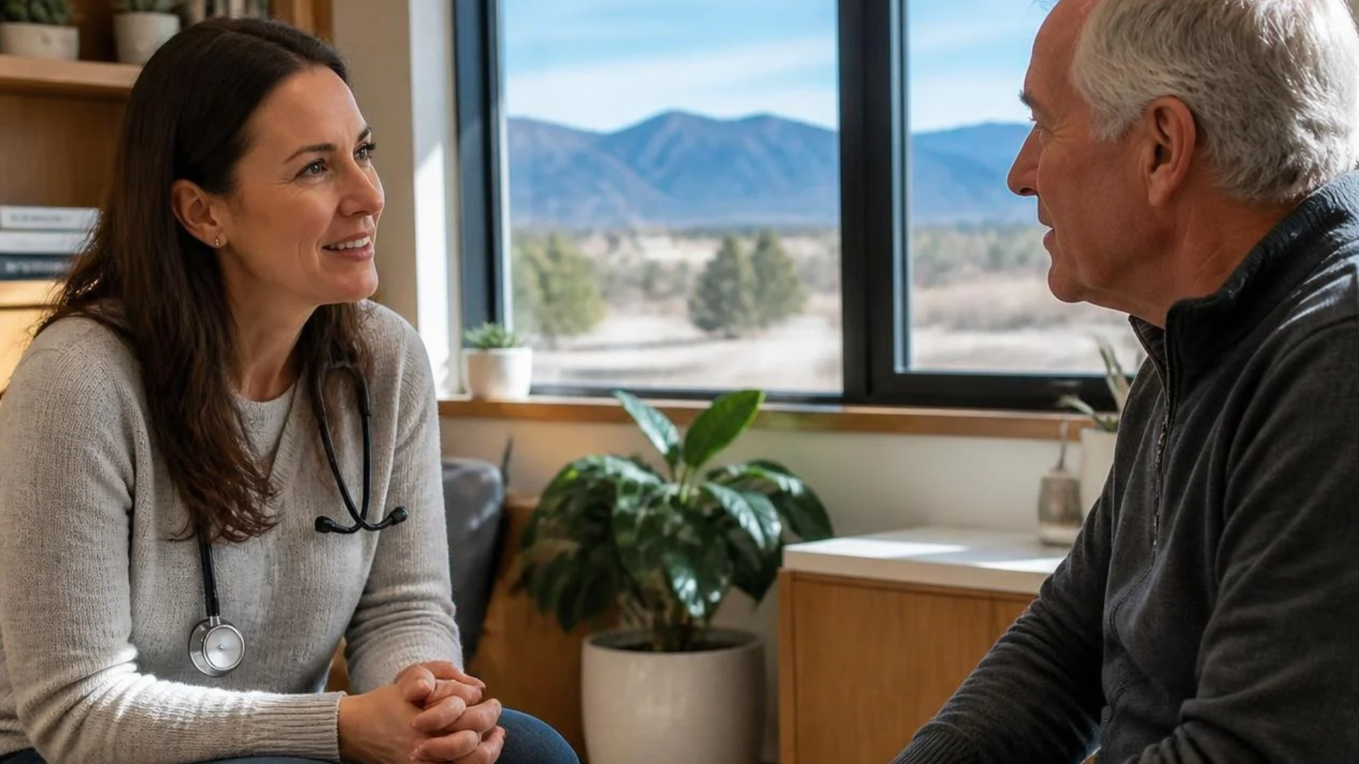 Two people talking in an office with a window and mountain view in the background
