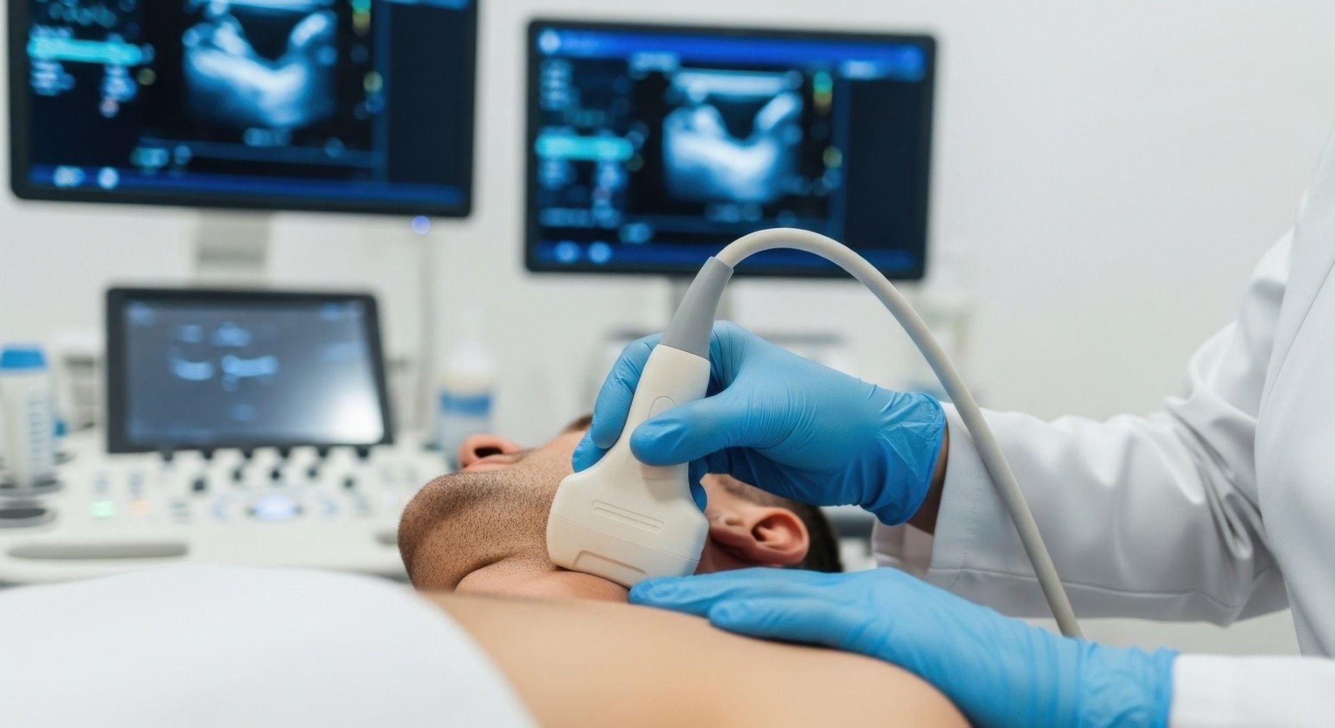 Medical ultrasound exam with gloved clinician scanning a patient while monitors display sonogram images