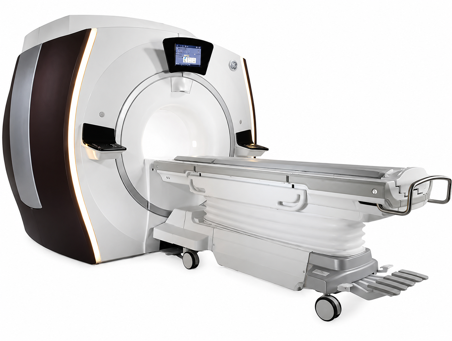 MRI scanner with patient table and overhead display in a medical facility